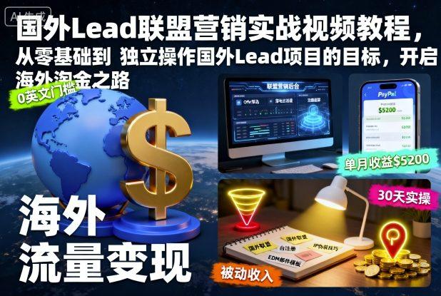 国外Lead联盟营销实战视频教程,从零基础到独立操作国外Lead项目的目标,开启海外淘金之路-三零资源