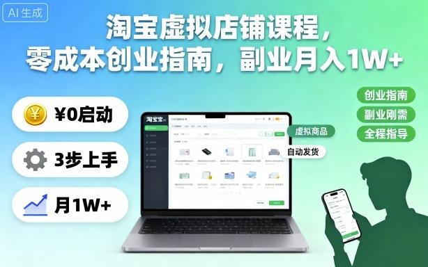 淘宝虚拟店铺课程,零成本创业指南,副业月入1W+-三零资源