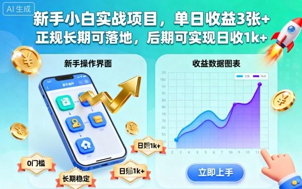 新手小白实战项目,单日收益3张+,正规长期可落地,后期可实现日收1k+【揭秘】-三零资源