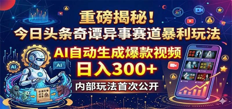 重磅揭秘!今日头条奇谭异事赛道暴利玩法:AI自动生成爆款视频,日入300+-三零资源