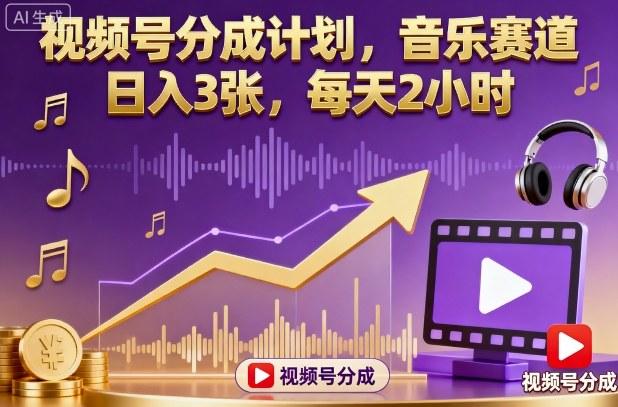 视频号分成计划，音乐赛道，日入3张，每天2小时-三零资源