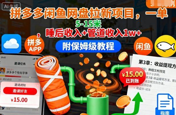 拼多多闲鱼网盘拉新项目，一单5-15米，睡后收入+管道收入1w+（附保姆级教程）-三零资源