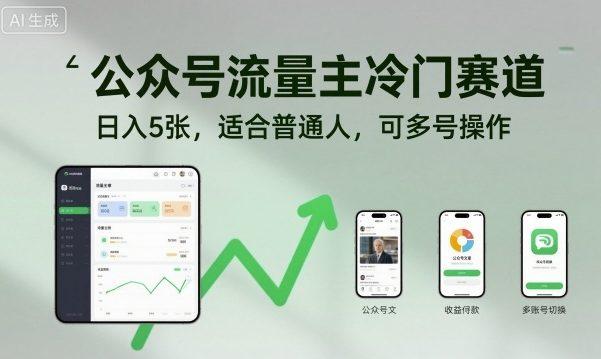 公众号流量主冷门赛道,日入5张,适合普通人,可多号操作-三零资源