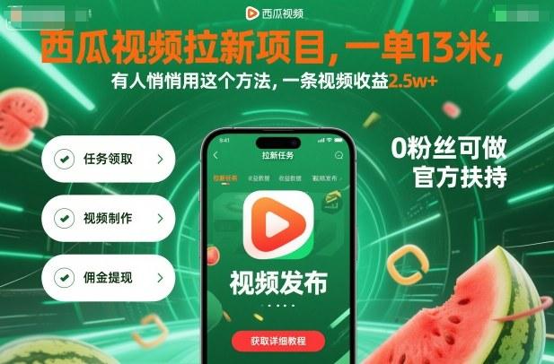西瓜视频拉新项目,一单13米,有人悄悄用这个方法,一条视频收益2.5w+(附详细教程)-三零资源