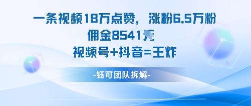一条视频18W点赞,涨粉6.5W粉佣金8541米,视频号+抖音=王炸-三零资源