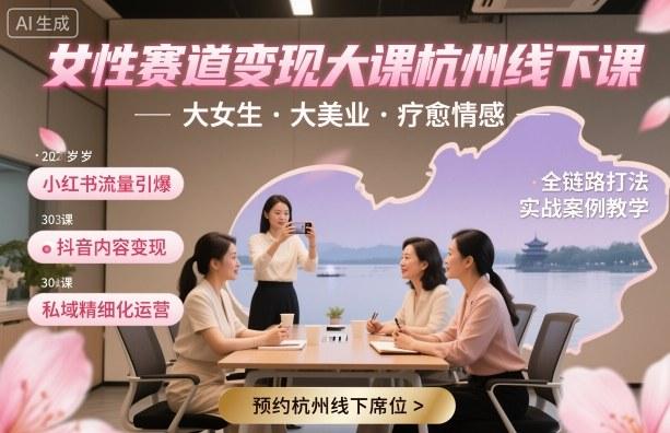 女性赛道变现大课杭州线下,大女生,大美业,疗愈情感,一套小红书、抖音、私域全链路打法-三零资源