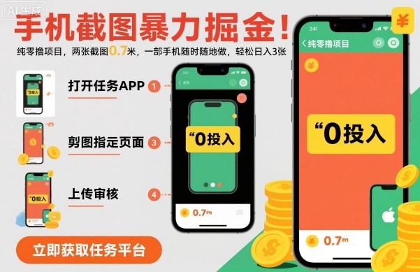手机截图暴力掘金,两张截图0.7米,一部手机就能做,轻松日入3张【揭秘】-三零资源