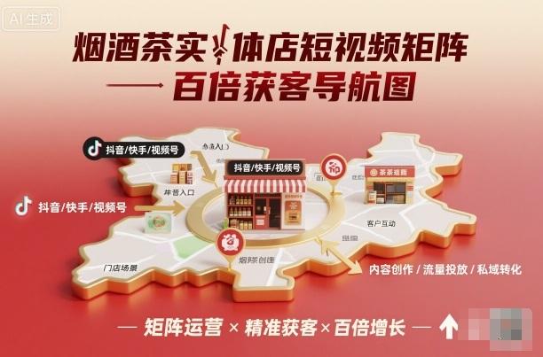 烟酒茶实体店短视频矩阵百倍获客导航图-三零资源