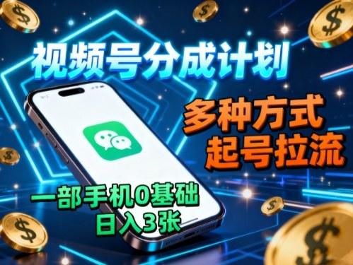 视频号分成计划,多种方式起号拉流,一部手机0基础日入3张-三零资源