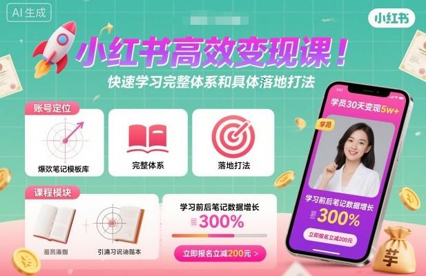 小红书高效变现课,快速学习小红书完整体系和具体落地打法-三零资源