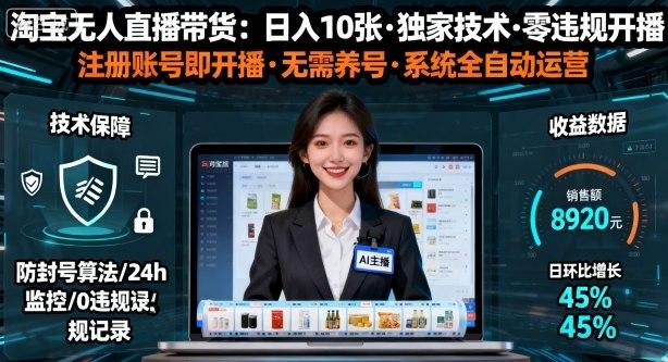 【最新】淘宝无人直播带货,日入10张,独家技术,无违规无封号,注册账号直接开播,不用养号【揭秘】-三零资源