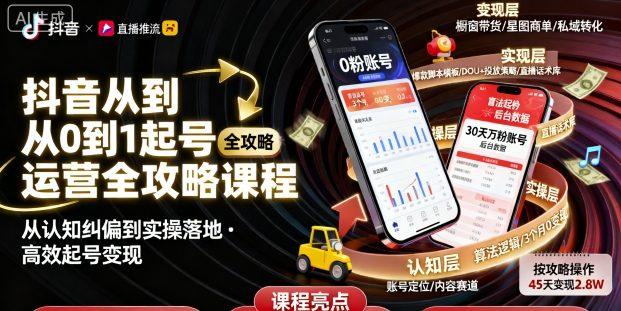 抖音从0到1起号运营全攻略课程,从认知纠偏到实操落地,高效起号变现-三零资源