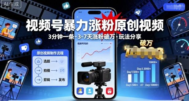 视频号暴力涨粉原创视频,3分钟一条原创视频,3-7天涨粉破万,玩法分享给你-三零资源
