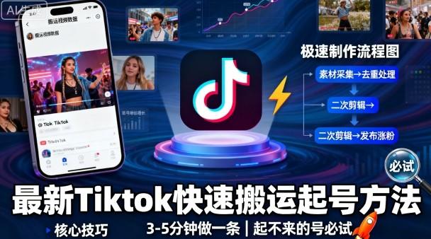 最新Tiktok快速搬运快速起号方法,3-5分钟做一条,起不来的号可以试试-三零资源