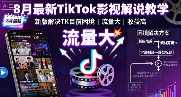 8月最新TikTok影视解说教学,新版解决TK目前困境,流量大,收益高-三零资源