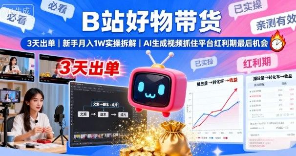 B站好物带货,3天出单,新手月入1W实操拆解,AI生成视频,抓住平台红利期最后机会-三零资源