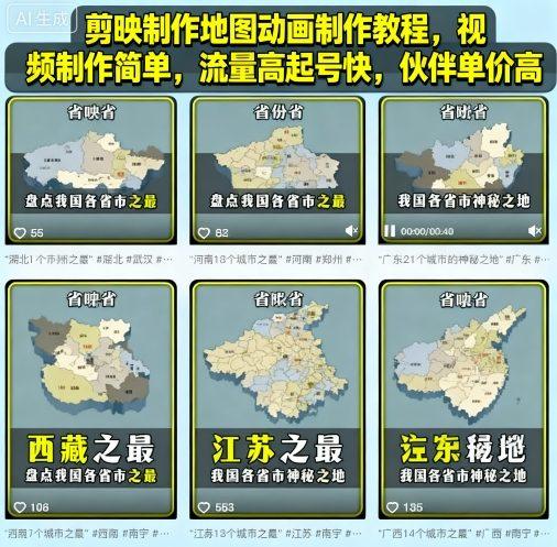 剪映制作地图动画制作教程,视频制作简单,流量高起号快,伙伴单价高-三零资源