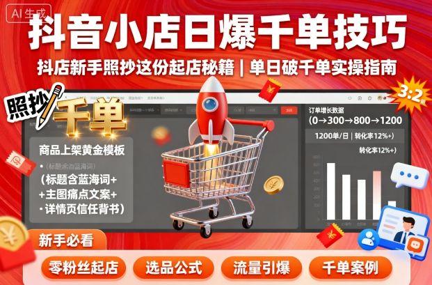 抖音小店日爆千单技巧，抖店新手照抄这份起店秘籍，单日破千单-三零资源