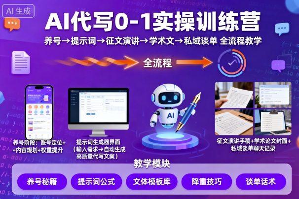 AI代写0-1实操训练营,从养号、提示词、征文演讲、学术文,到私域谈单的全流程教学-三零资源