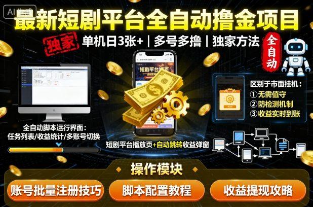 最新短剧平台全自动挂G撸金项目,单机一天3张+,多号多撸,区别于市面所有挂机项目,独家方法【揭秘】-三零资源