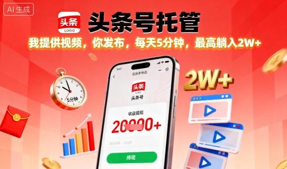 【头条号托管】我提供视频,你发布,每天5分钟,最高躺入2W+【揭秘】-三零资源