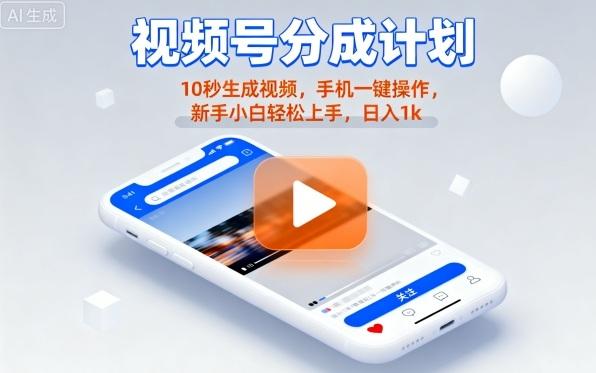 视频号分成计划懒人玩法，10秒生成视频，手机一键操作，新手小白轻松上手，日入1K【揭秘】-三零资源