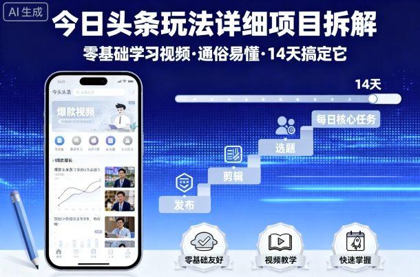 今日头条玩法详细项目拆解，零基础学习视频 通俗易懂 14天搞定它-三零资源