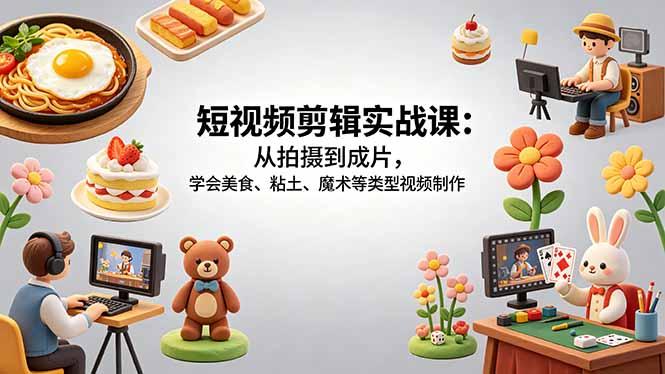 短视频剪辑实战课：从拍摄到成片，学会美食、粘土、魔术等类型视频制作-三零资源