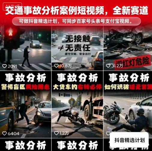 交通事故分析案例短视频，全新赛道，可做抖音精选计划，可同步百家号头条号支付宝视频号平台-三零资源
