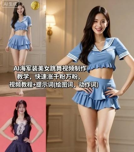 AI海军装美女跳舞视频制作教学，快速涨千粉万粉，视频教程+提示词(绘图词、动作词)-三零资源
