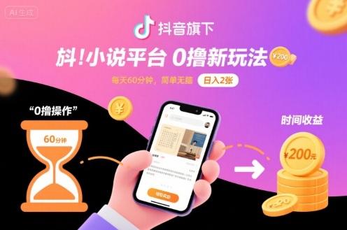 抖音旗下小说平台0撸新玩法,每天挂G60分钟,简单无脑,日入2张【揭秘】-三零资源