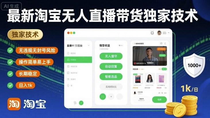 最新淘宝无人直播带货独家技术，无违规无封号风险，操作简单易上手，长期稳定日入1k【揭秘】-三零资源