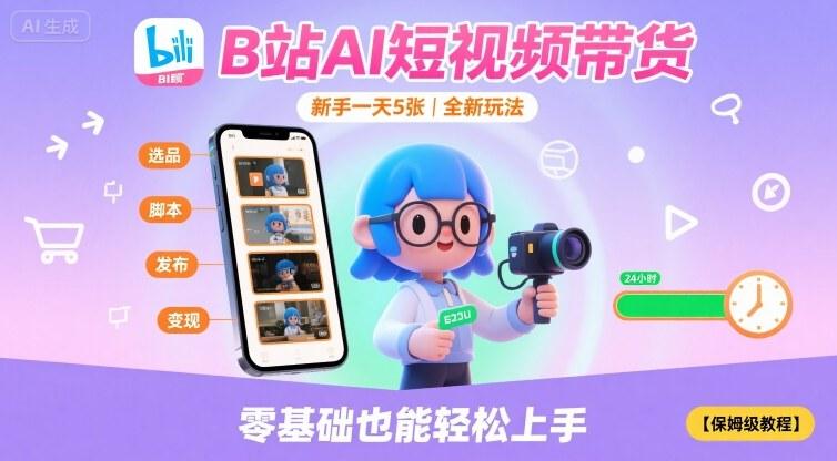 B站AI短视频带货,新手一天5张,全新玩法【保姆级教程】-三零资源