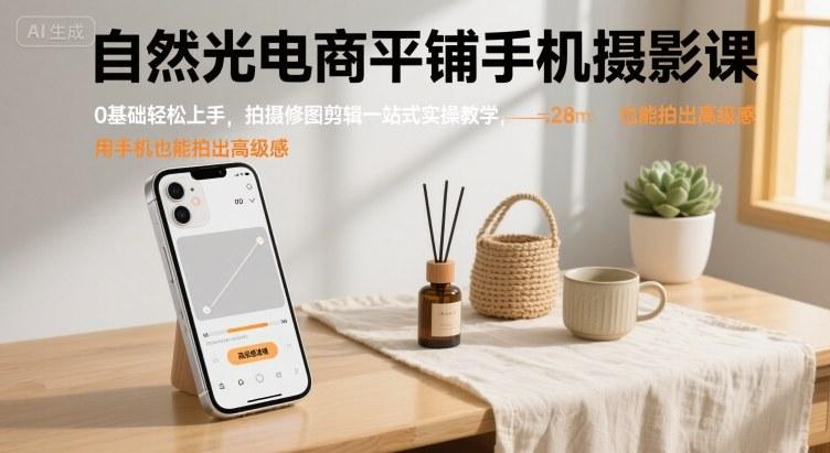 自然光电商平铺手机摄影课,0基础轻松上手,拍摄修图剪辑一站式实操教学,用手机也能拍出高级感-三零资源