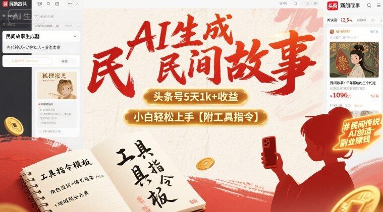 AI生成民间故事，头条号5天1k+，小白轻松上手【附工具指令】-三零资源