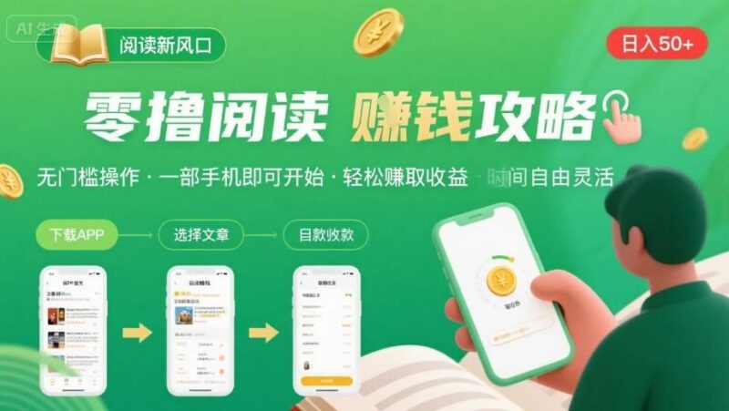 零撸阅读新风口,无门槛轻松挣,一部手机,日入 50-3张【揭秘】-三零资源