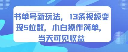 书单号新玩法,13条视频变现5位数,小白操作简单,当天可见收益-三零资源