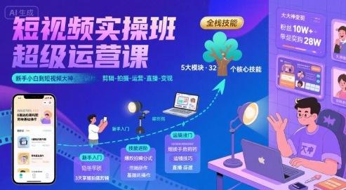 短视频实操班超级运营课,新手小白到短视频大神必修课程,剪辑-拍摄-运营-直播-变现-三零资源