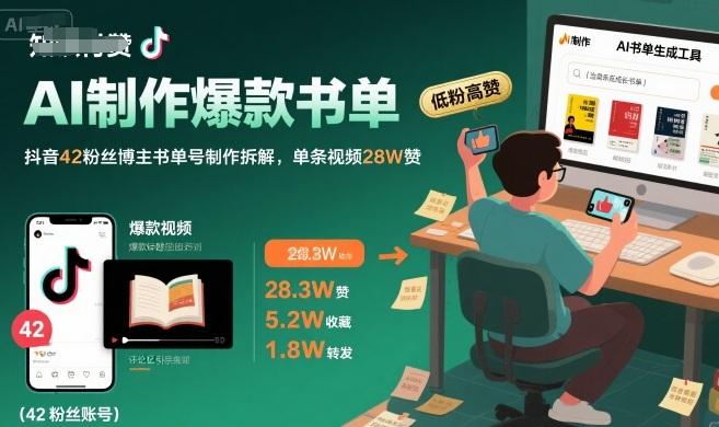 AI制作爆款书单,抖音42粉丝博主书单号制作拆解,单条视频28W赞-三零资源