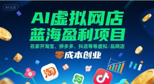 AI虚拟网店蓝海盈利项目，在家开淘宝、拼多多、抖店等虚拟品网店，零成本创业-三零资源
