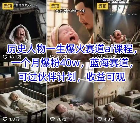 历史人物一生爆火赛道ai课程，一个月爆粉40w，蓝海赛道，可过伙伴计划，收益可观-三零资源