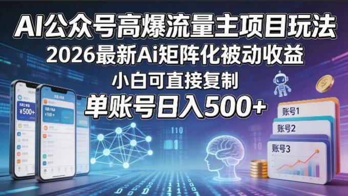AI公众号高爆流量主项目玩法，2026最新Ai矩阵化被动收益，小白可直接复制，单账号日入500+-三零资源