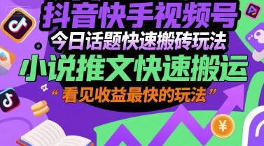 抖音快手视频号今日话题快速搬砖玩法,小说推文快速搬运,看见收益最快的玩法-三零资源