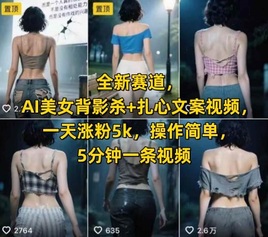 全新赛道,AI美女背影杀+扎心文案视频,一天涨粉5k,操作简单,5分钟一条视频-三零资源