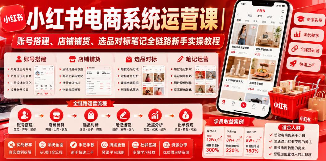 小红书电商系统运营课|账号搭建、店铺铺货、选品对标笔记全链路新手实操教程 图1
