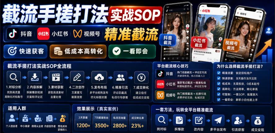 截流手搓打法实战SOP，抖音小红书视频号精准截流，快速获客，低成本高转化，一看即会 图1