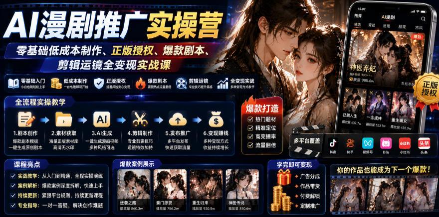 AI漫剧推广实操营｜零基础低成本制作、正版授权、爆款剧本、剪辑运镜全变现实战课 图1