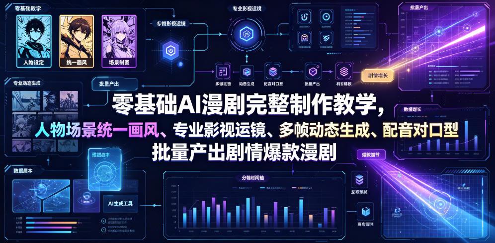 零基础AI漫剧完整制作教学，人物场景统一画风、专业影视运镜、多帧动态生成、配音对口型，批量产出剧情爆款漫剧 图1