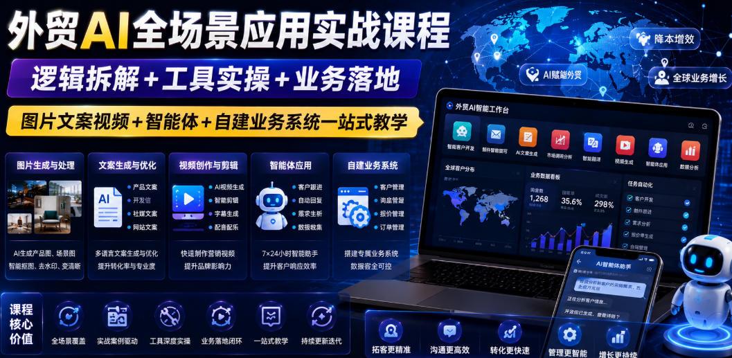 外贸AI全场景应用实战课程|逻辑拆解+工具实操+业务落地,图片文案视频+智能体+自建业务系统一站式教学 图1