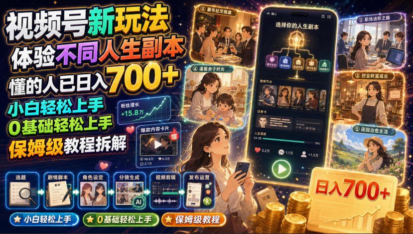 视频号新玩法体验不同人生副本,懂的人已日入700+,小白轻松上手,0基础轻松上手,保姆级教程拆解 图1